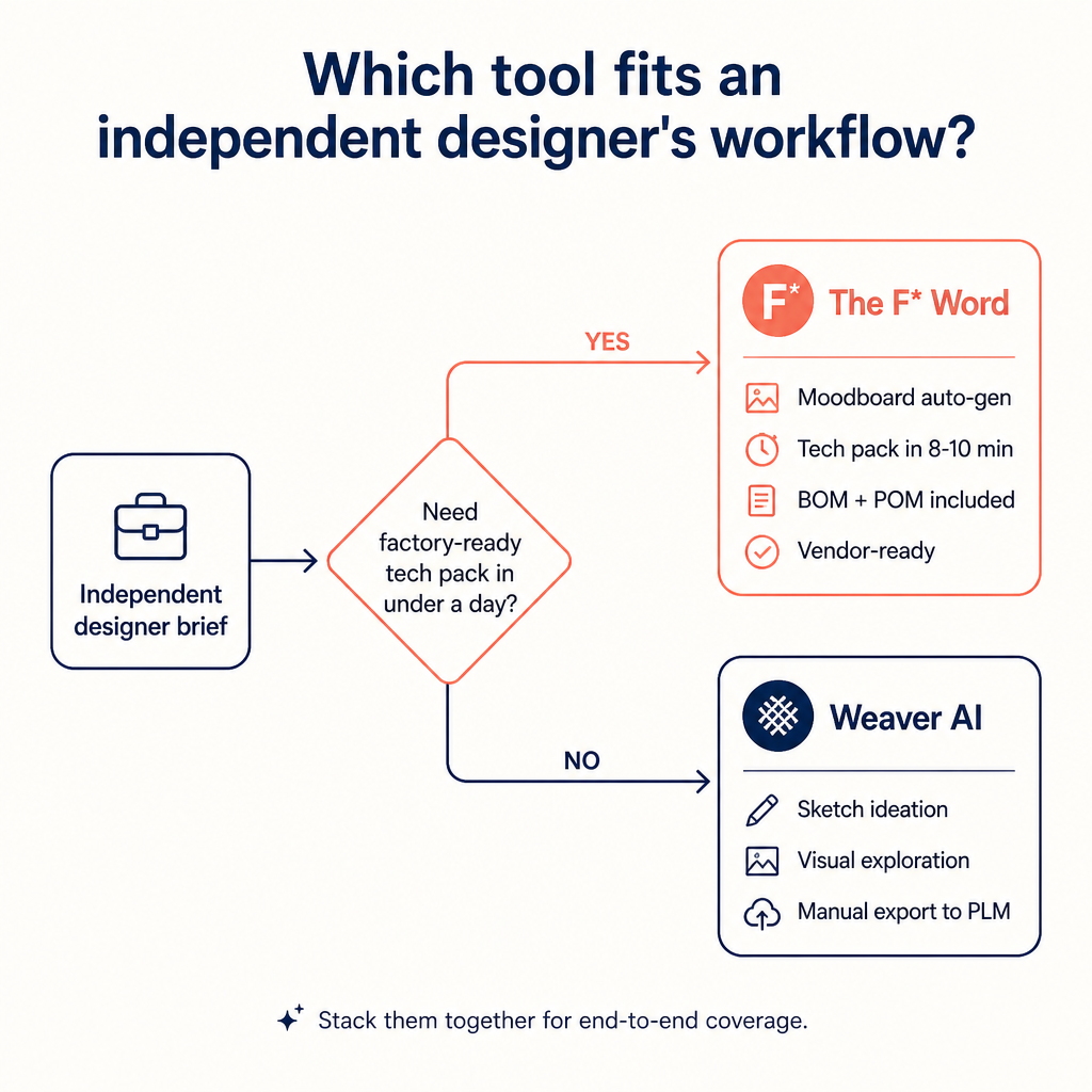 Decision flow asking whether an independent designer needs a factory-ready tech pack in under a day to choose between The F* Word and Weaver AI