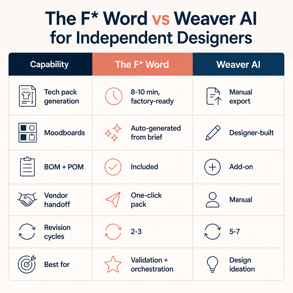 Feature comparison matrix showing The F* Word and Weaver AI across tech pack generation, moodboards, BOM, vendor handoff, revision cycles, and best-fit use case