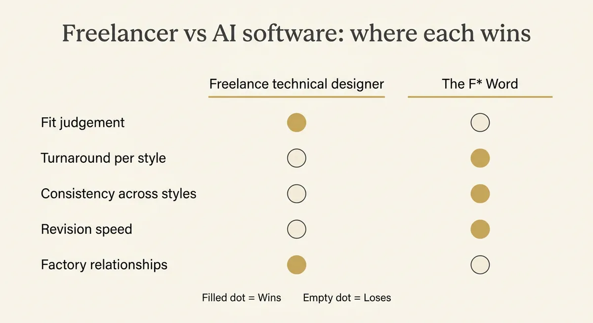 Where the Freelance Model Can Become a Bottleneck: Freelancer vs AI software: where each wins chart