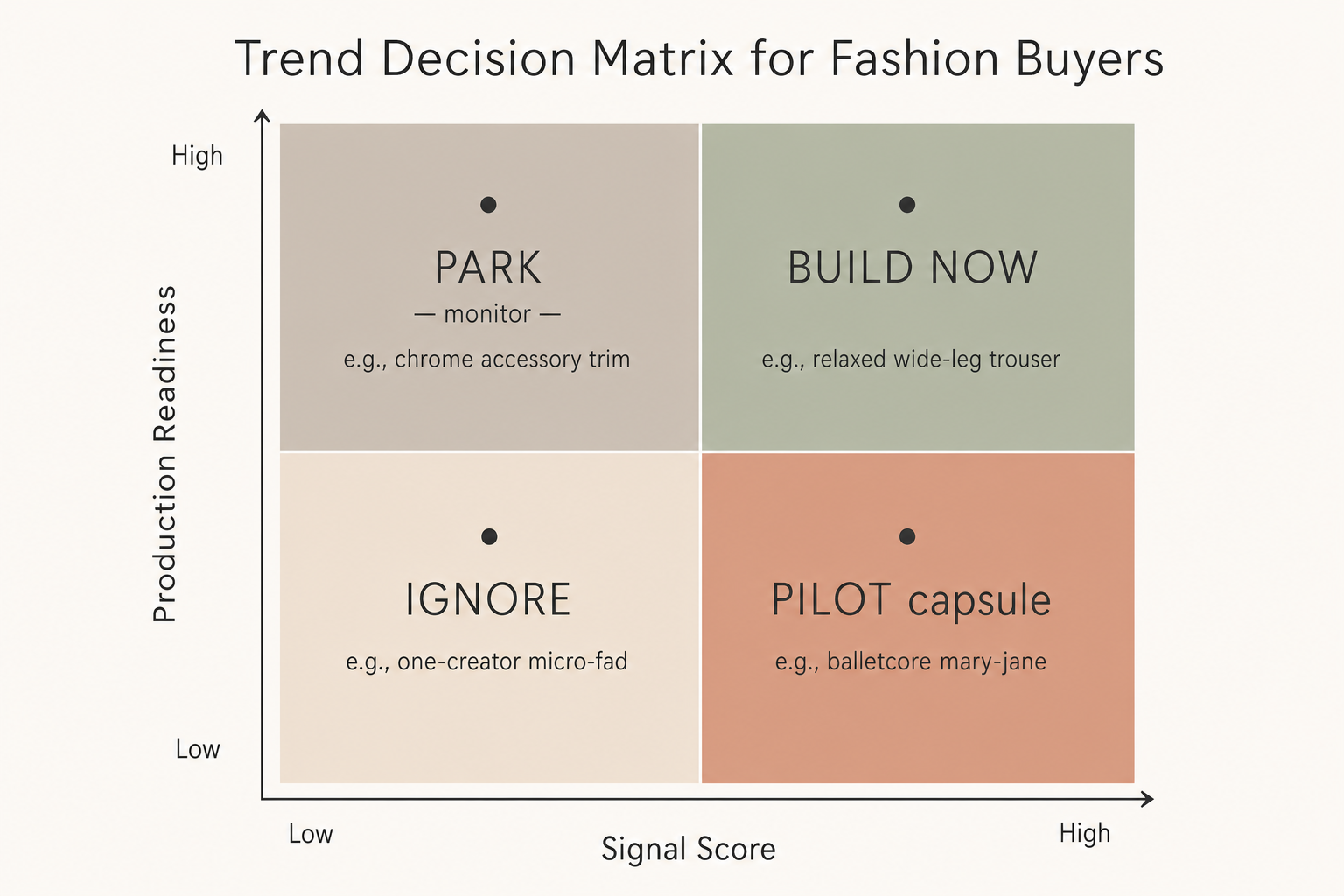 Two by two decision matrix plotting signal score against production readiness with four quadrants: build now, park, pilot capsule, ignore