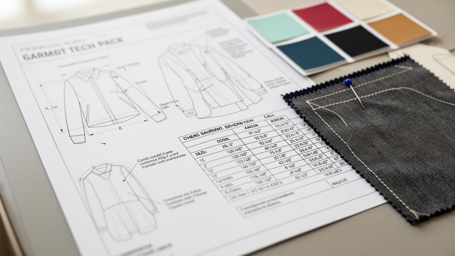 Printed garment tech pack with flat sketches, measurement table and stitched fabric sample