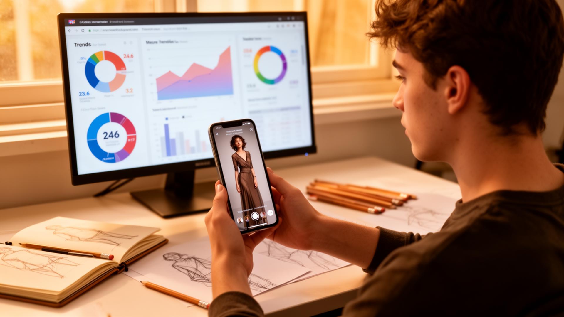Young designer reviewing a vertical short-form video on a phone next to a trend dashboard and sketchbook
