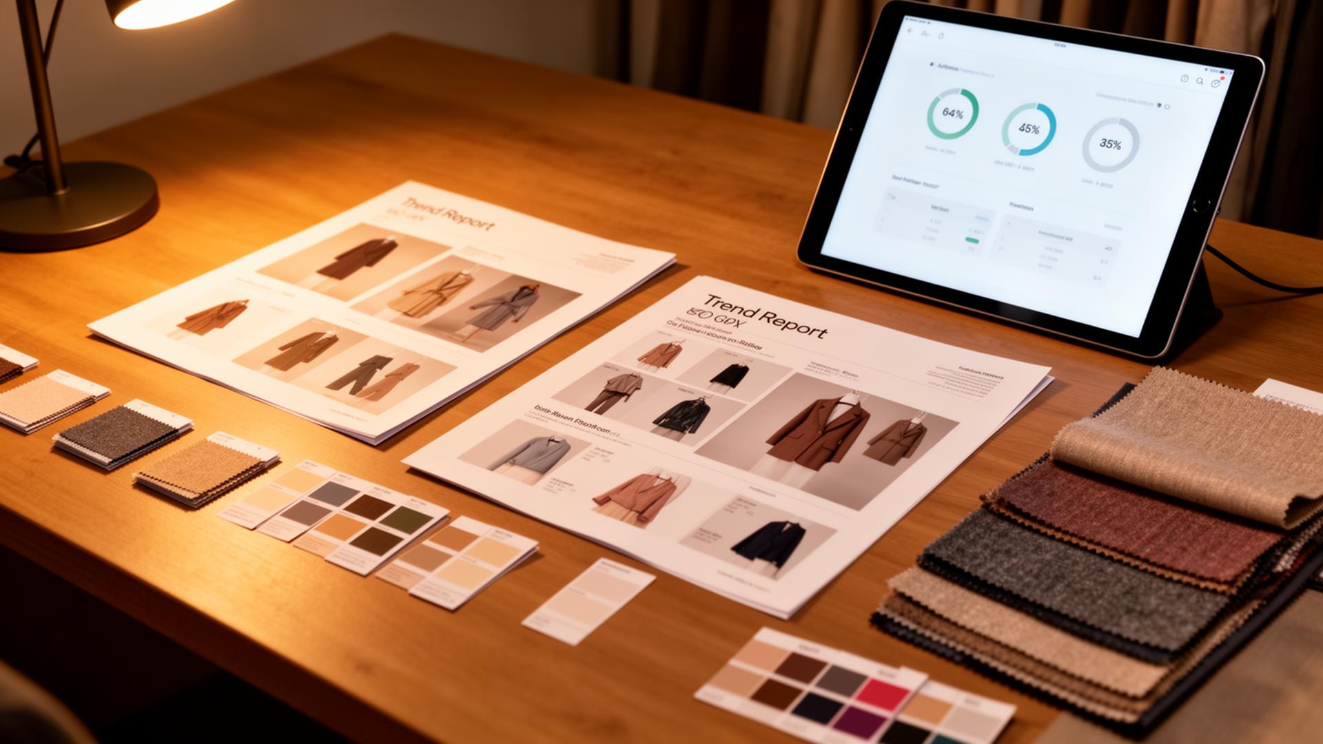 Buyer's desk with printed trend reports, color cards, fabric swatches and a tablet dashboard